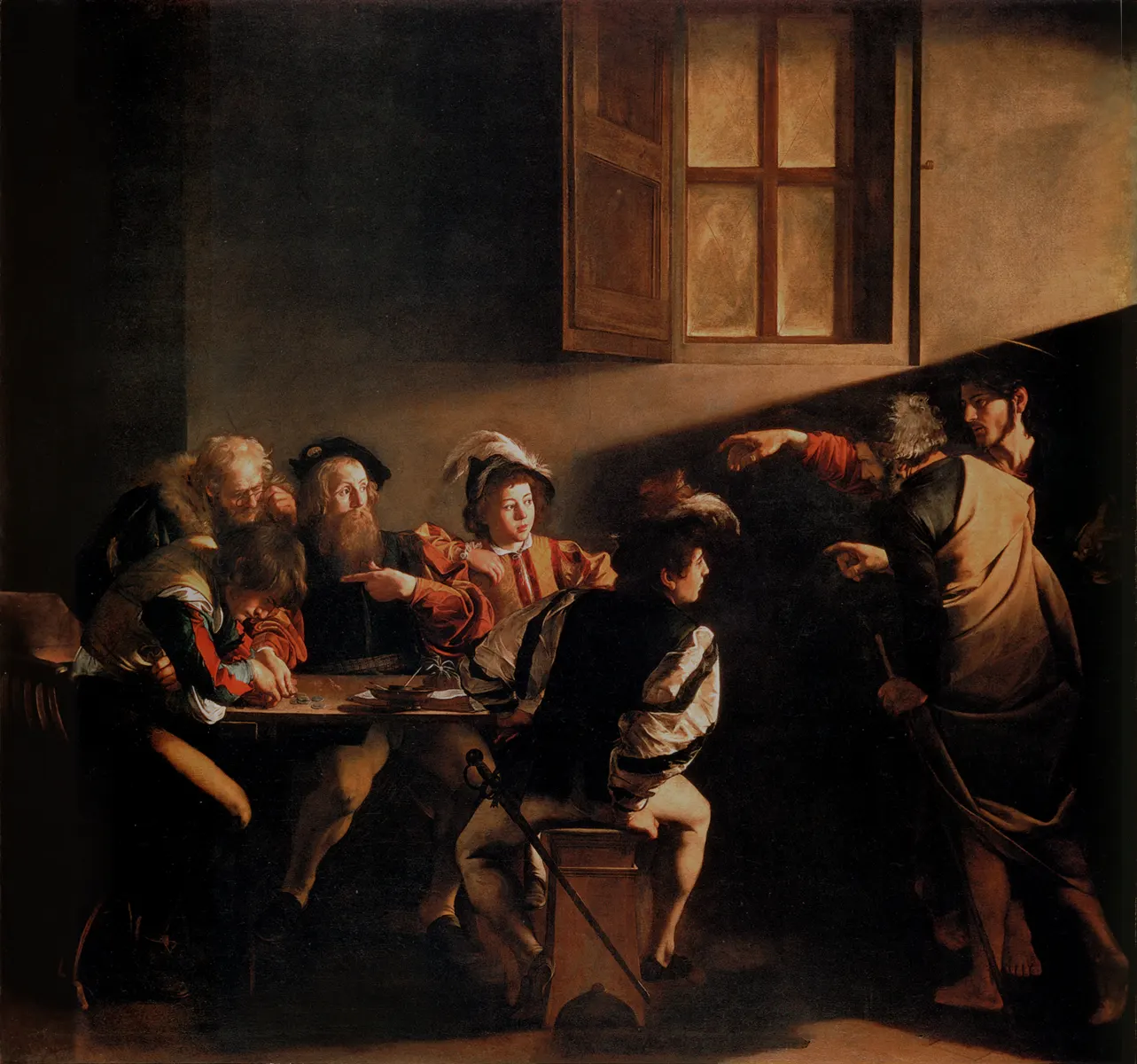 Караваджо. Призвание апостола Матфея. 1599–1600. Холст, масло, 322 × 340 см. Церковь Сан-Луиджи-деи-Франчези, Рим