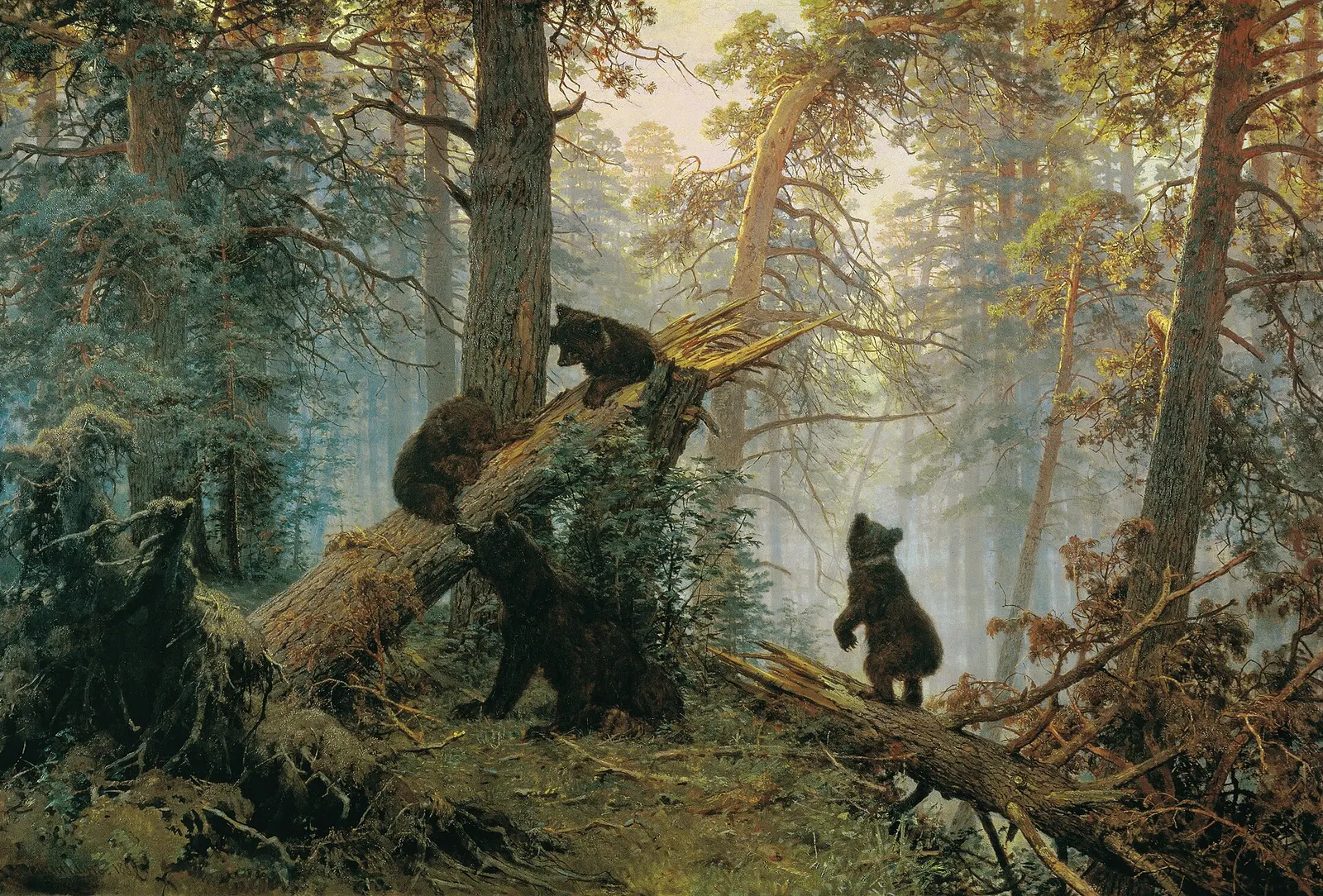 Иван Шишкин, Константин Савицкий. Утро в сосновом лесу. 1889. Холст, масло, 139 × 213 см. Государственная Третьяковская галерея